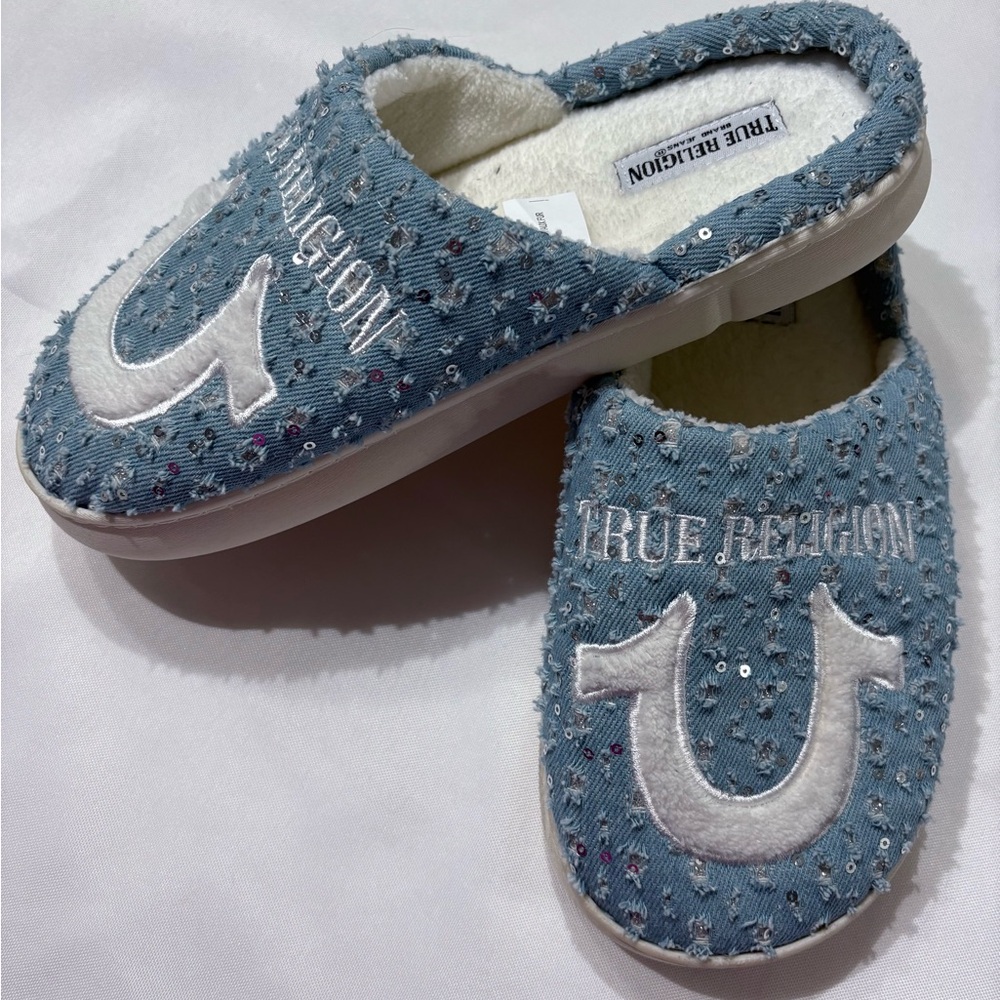 True Religion Blue Denim and sequin Slippers size Medium 6.5-7.5